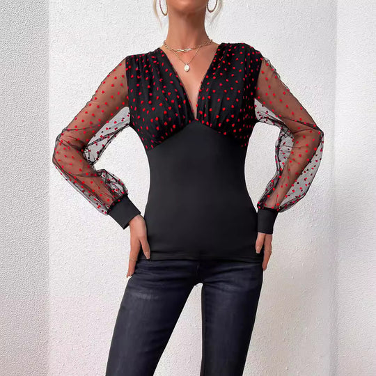 Damen Elegantes Bodysuit mit transparenten Ärmeln und Tupfen-Design R&B