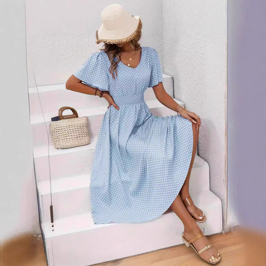 Damen Elegantes Maxikleid mit V-Ausschnitt und Ballonärmeln R&B