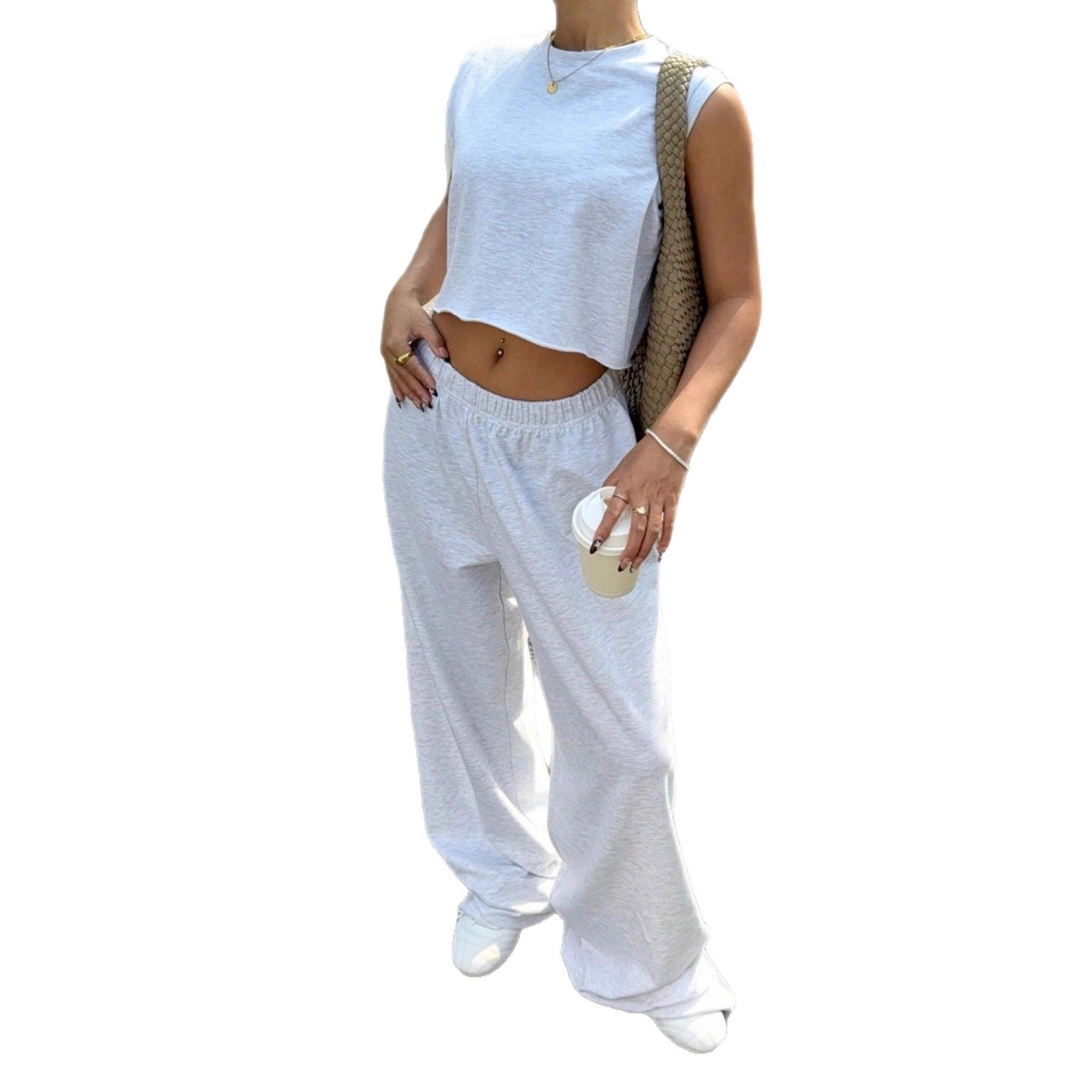 Damen lässiges Crop-Top und weite Freizeithosen Set R&B
