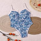 Damen Einteiler Badeanzug mit floralem Design und modischem V-Ausschnitt R&B