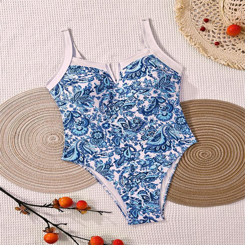 Damen Einteiler Badeanzug mit floralem Design und modischem V-Ausschnitt R&B