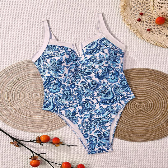 Damen Einteiler Badeanzug mit floralem Design und modischem V-Ausschnitt R&B