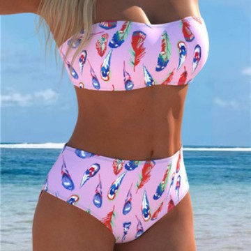 Damen Bandeau-Bikini mit einzigartigem Federmuster und hohem Taillenschnitt R&B