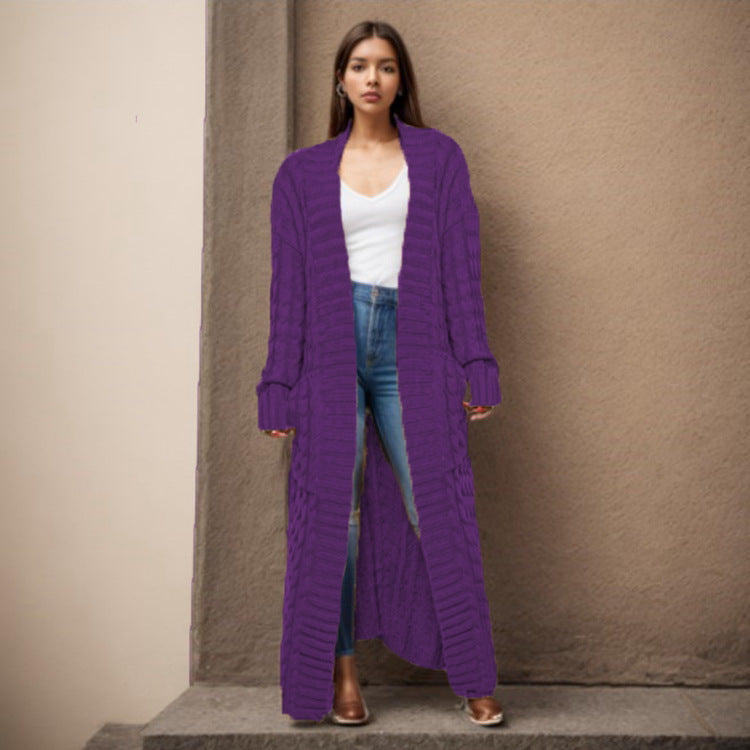 Damen Langer Strickcardigan mit raffiniertem Zopfdesign und praktischen Taschen R&B