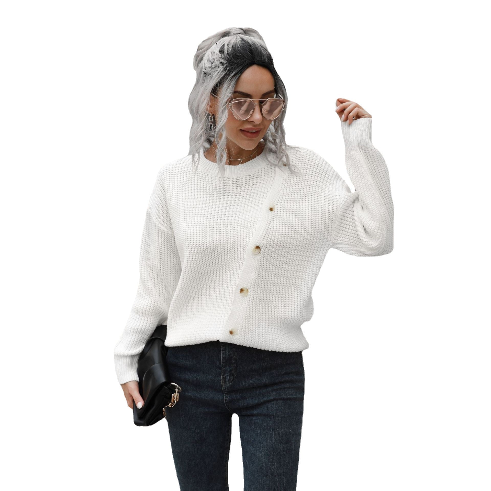 Damen Strickpullover mit dekorativen Knopf-Details und lässigem Schnitt R&B