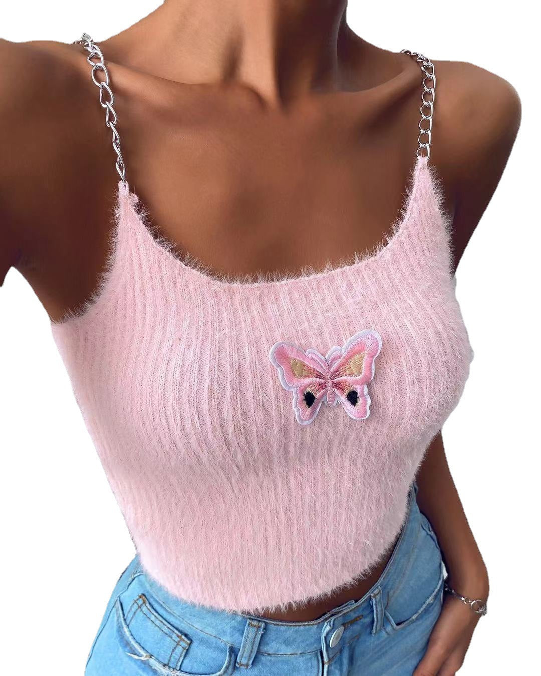 Damen cropped Top mit dekorativem Schmetterlings-Design und Kettenträger R&B