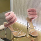 Damen Elegante Hochwertige Sandalen mit funkelnden Riemen und luxuriösem Kunstfell R&B