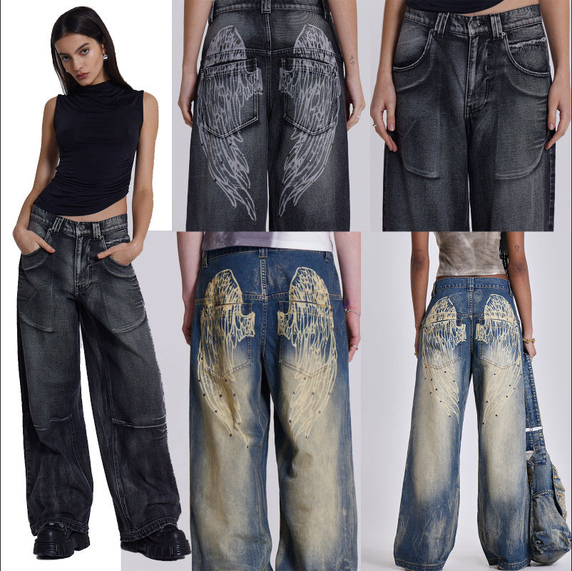 Damen weite Jeans mit kunstvollem Flügel-Design und einzigartigen Details R&B