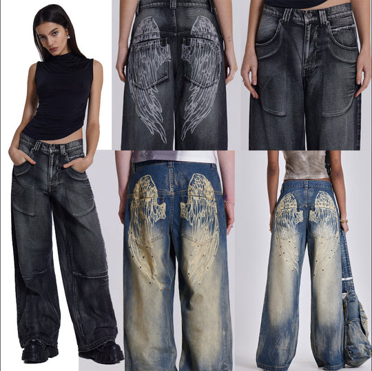 Damen weite Jeans mit kunstvollem Flügel-Design und einzigartigen Details R&B