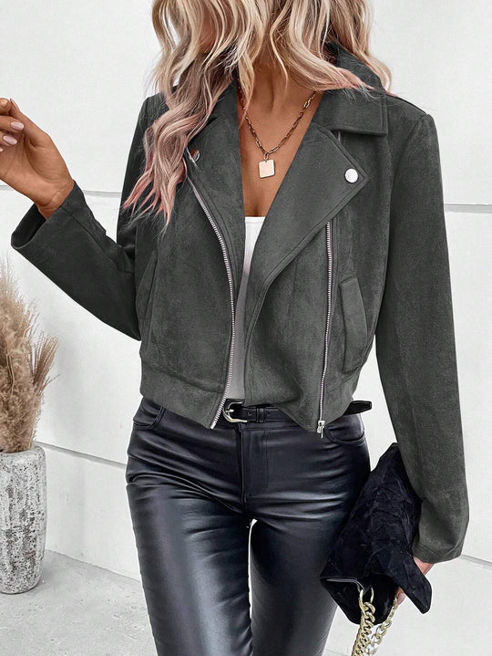 Damen Stylische Bikerjacke aus Kunstleder mit asymmetrischem Reißverschluss R&B