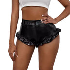 Damen Kunstleder-Shorts mit Rüschendetails und hohem Bund R&B