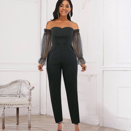 Damen Elegantes Jumpsuit mit transparenten Puffärmeln R&B