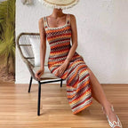 Damen Maxikleid mit modischem Muster und seitlichem Schlitz R&B