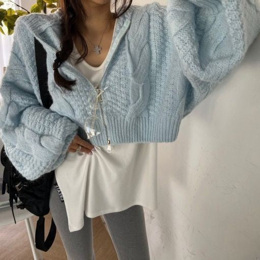 Damen Kurzer Strickpullover mit Zopfmuster und Kapuze R&B