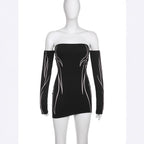 Damen elegantes Off-Shoulder Kleid mit langen Ärmeln R&B