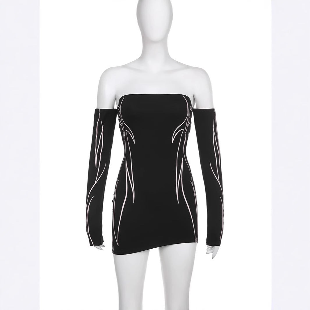 Damen elegantes Off-Shoulder Kleid mit langen Ärmeln R&B