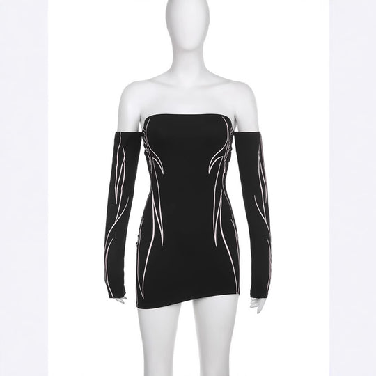 Damen elegantes Off-Shoulder Kleid mit langen Ärmeln R&B