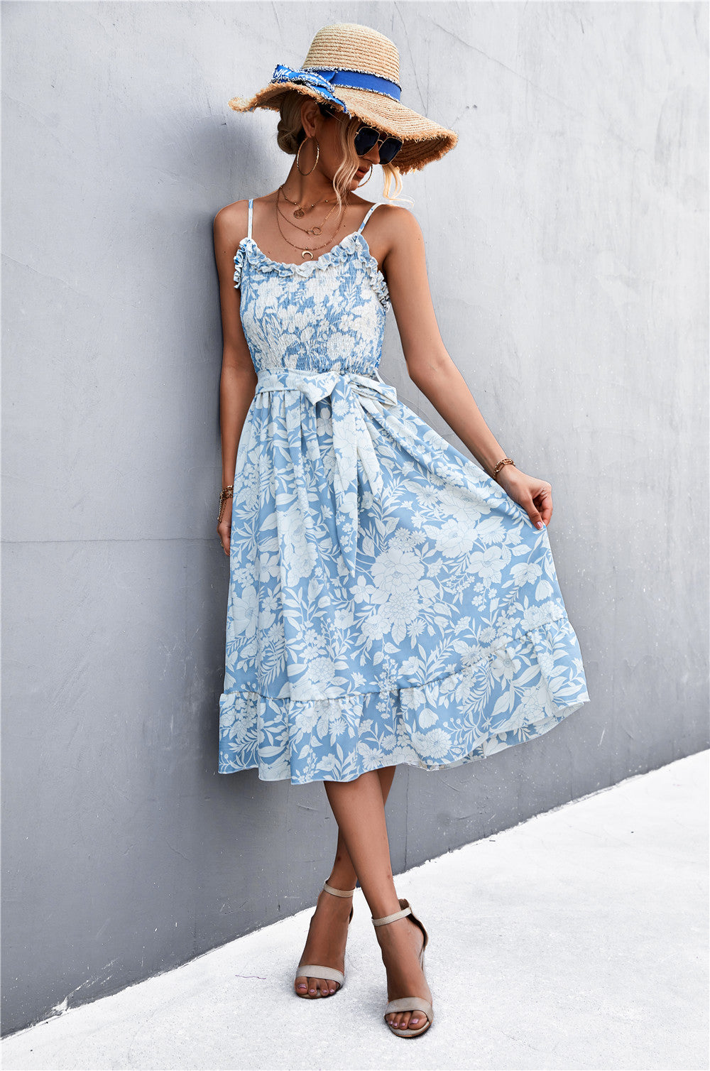 Damen Sommerkleid mit Rüschendetails und elastischem Taillenzug R&B