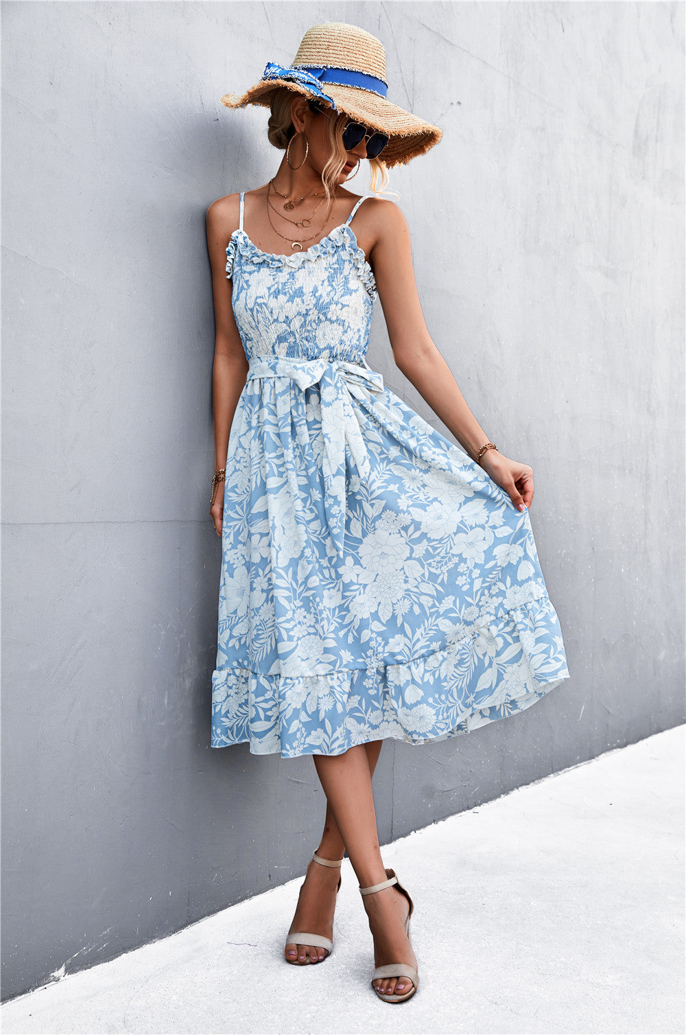 Damen Sommerkleid mit Rüschendetails und elastischem Taillenzug R&B