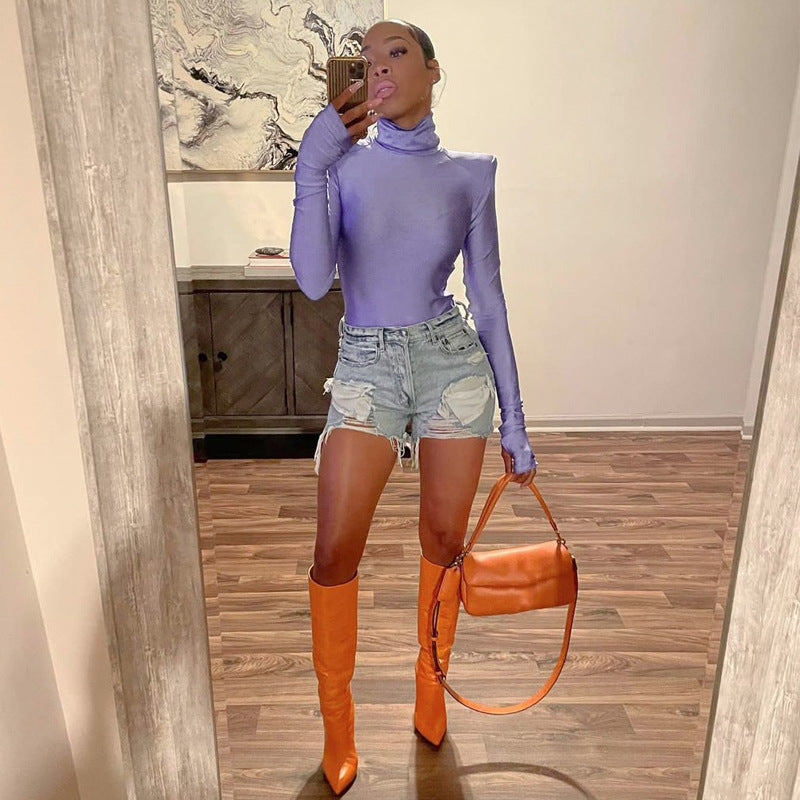 Damen Langarm-Bodysuit mit hohem Kragen und eleganten Raffungen R&B