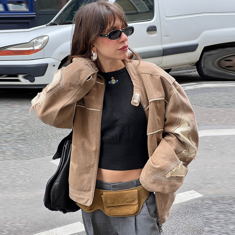 Damen Modische Jacke im Vintage-Stil mit kunstvollen Ziernähten und abgetragenem Effekt R&B