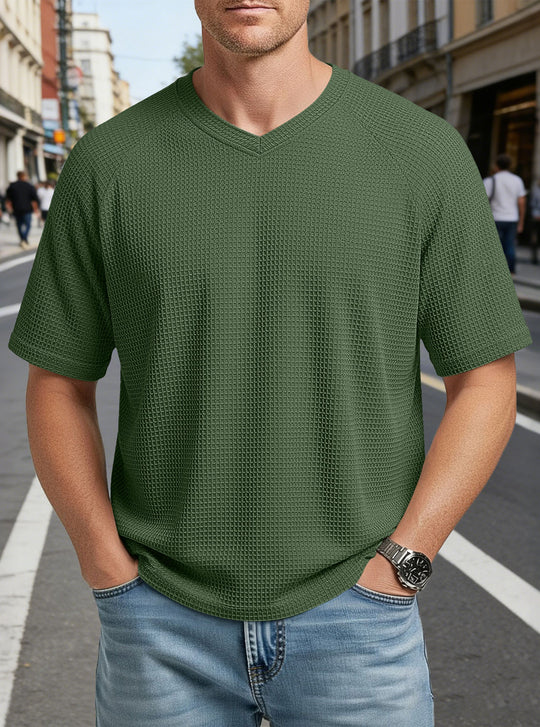 Herren nan lässiges V-Ausschnitt Waffelstrick-T-Shirt aus atmungsaktivem Baumwollmix R&B
