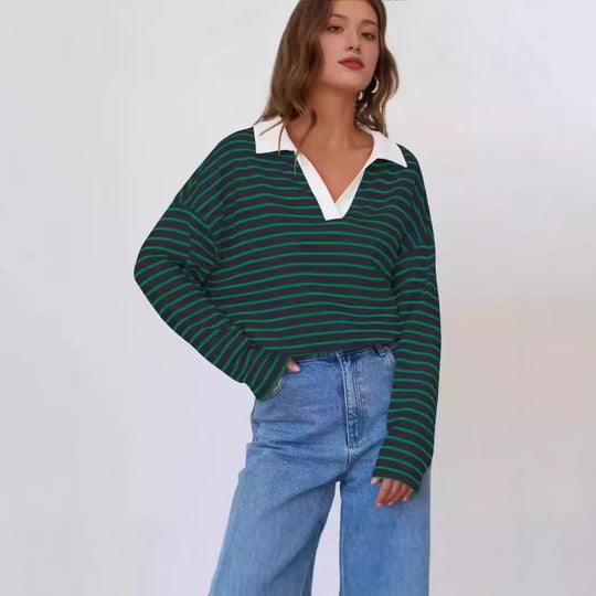 Damen gestreiftes Polo-Shirt mit V-Ausschnitt und kontrastierendem Kragen R&B