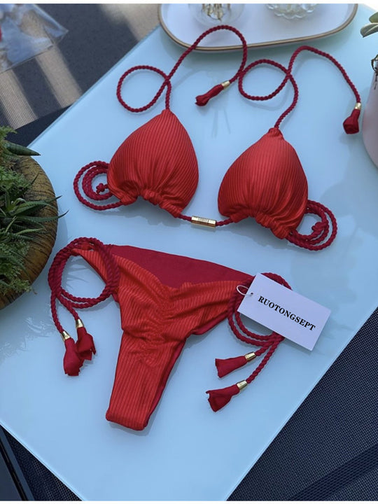 Damen Triangel-Bikini mit modischem Leopardenmuster und dekorativen Quasten R&B