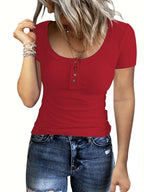Damen Kurzes T-Shirt mit Knopfdetails und Rippstruktur R&B