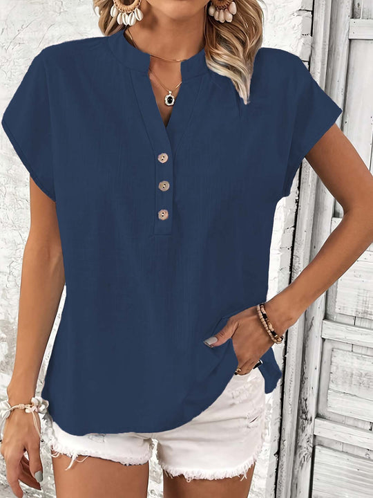 Damen stylisches Kurzarm-Oberteil mit Knopfdetails und trendigem Stehkragen R&B