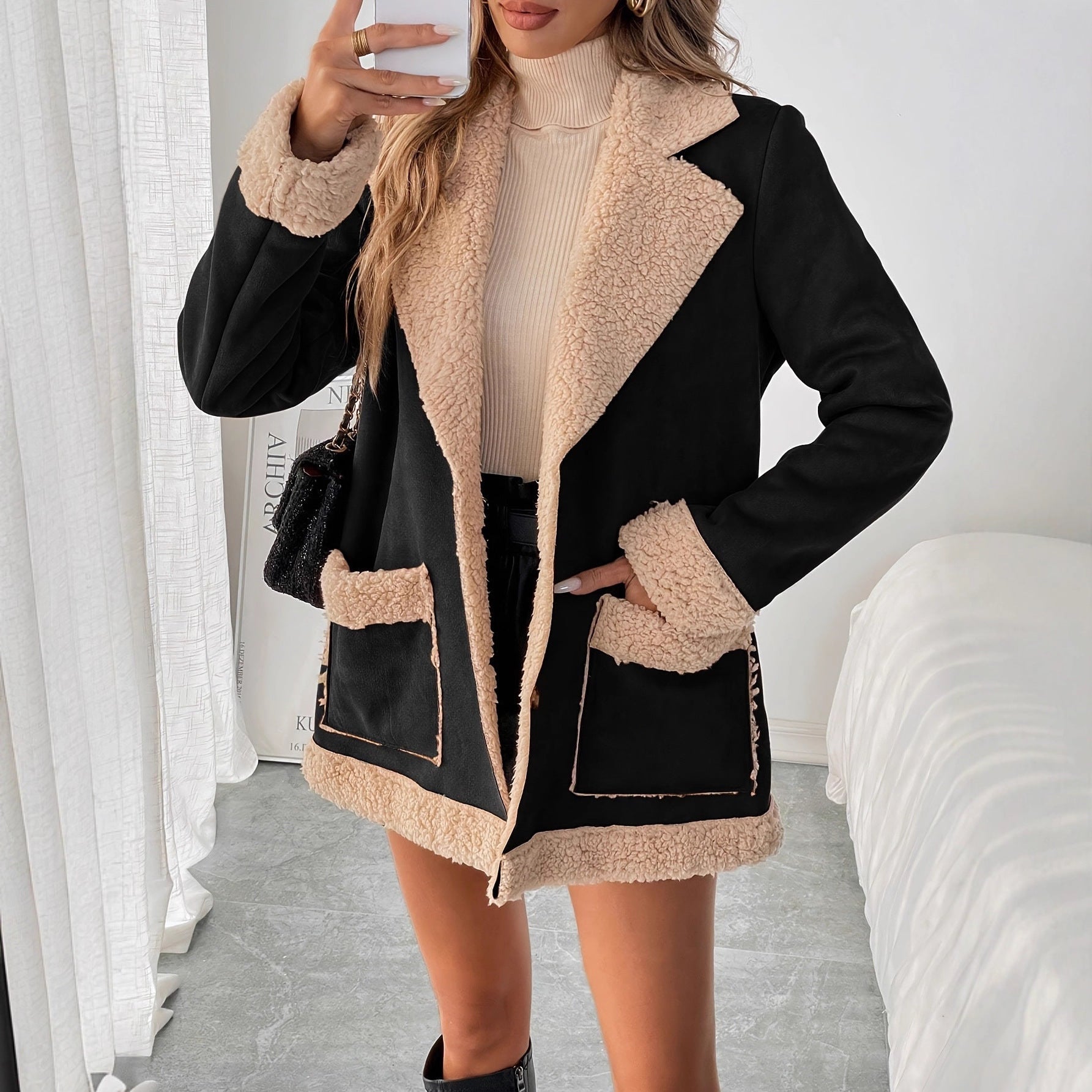 Damen Oversized Teddy-Jacke mit Taschen und weich gefüttertem Kragen