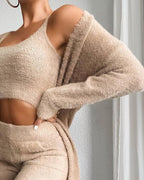 Damen gemütliches Lounge-Set aus feinem Fleece mit offenem Cardigan und Crop-Top