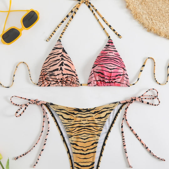 Damen Triangel-Bikini-Set mit verstellbaren Trägern und trendigem Tiermuster R&B