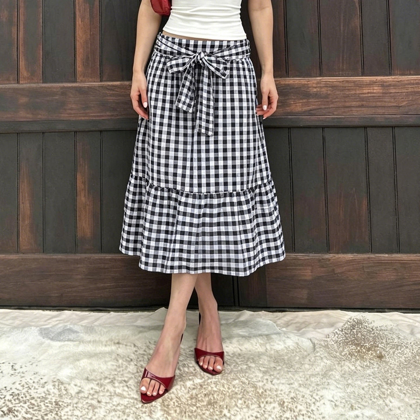 Damen Fließender Viskose-Rock mit taillierter High-Waist und Rüschensaum R&B