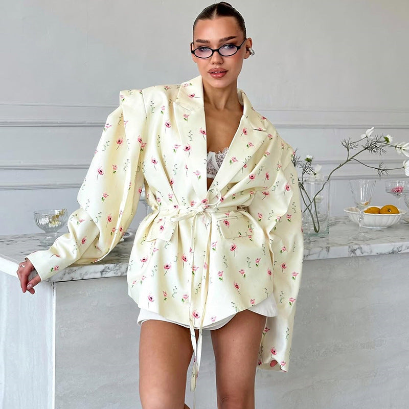 Damen Elegante Blazerjacke mit floralem Design und Taillengürtel R&B