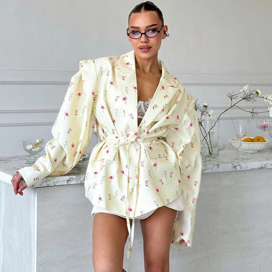 Damen Elegante Blazerjacke mit floralem Design und Taillengürtel R&B