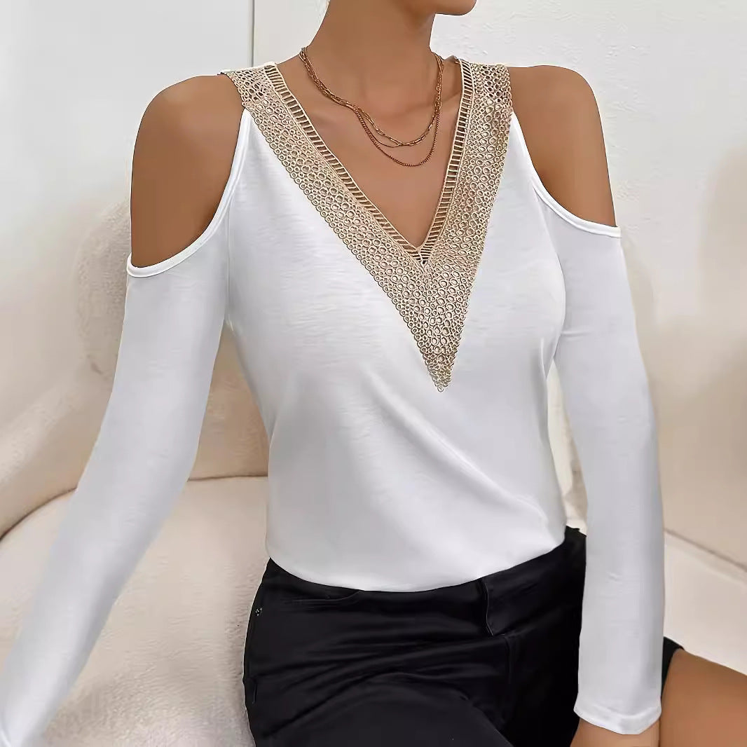 Damen elegantes Langarmshirt mit dekorativem Ausschnitt R&B
