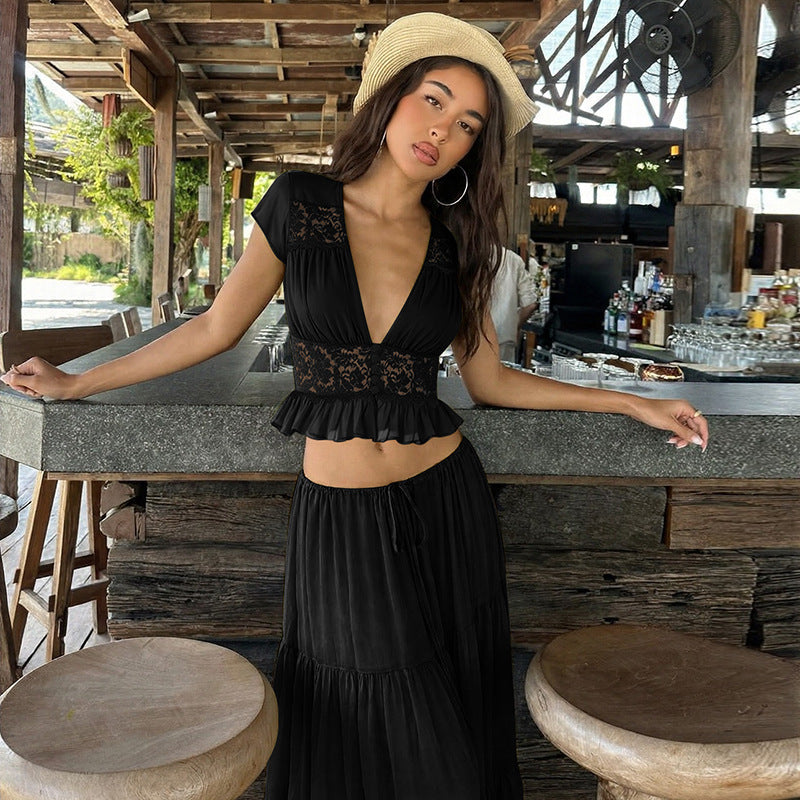 Damen Elegantes Maxikleid mit Spitzenoberteil und fließendem Saum R&B
