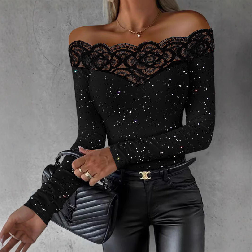 Damen Oberteil mit transparentem Spitzenbesatz und modischem Galaxie-Design R&B