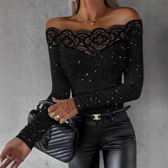 Damen Oberteil mit transparentem Spitzenbesatz und modischem Galaxie-Design R&B