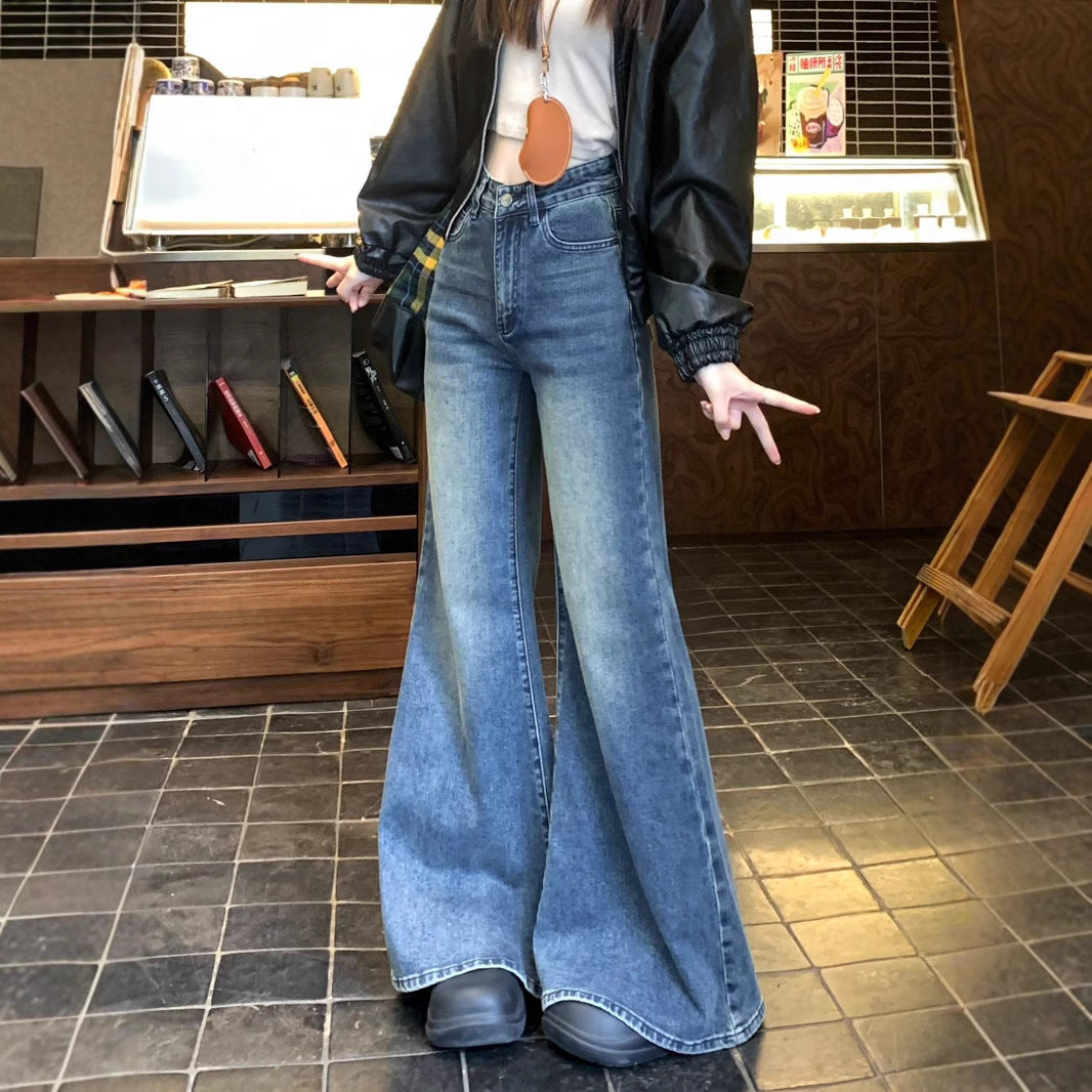 Damen weit geschnittene Flared-Jeans mit hohem Bund und modischem Design R&B