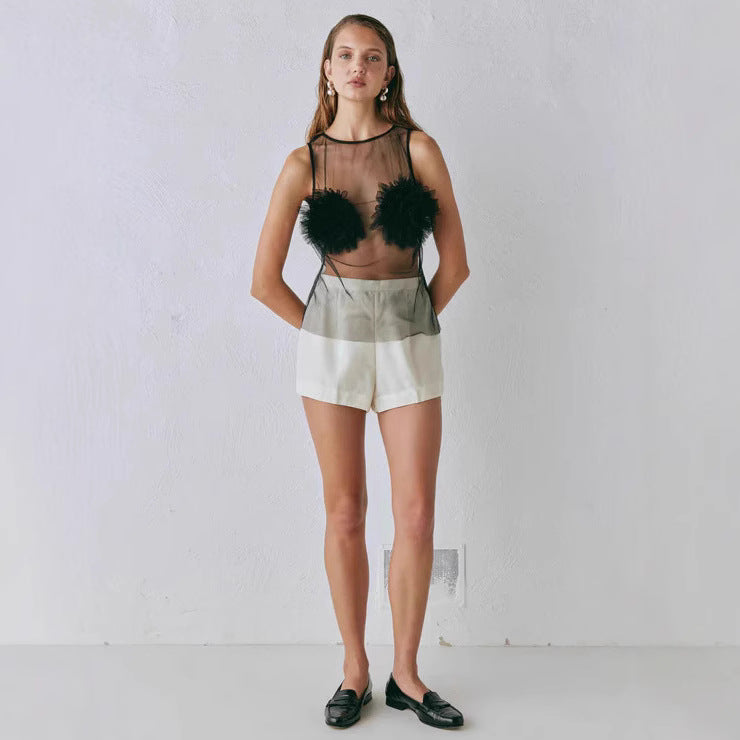 Damen Transparente Bluse mit voluminösen Rüschen R&B