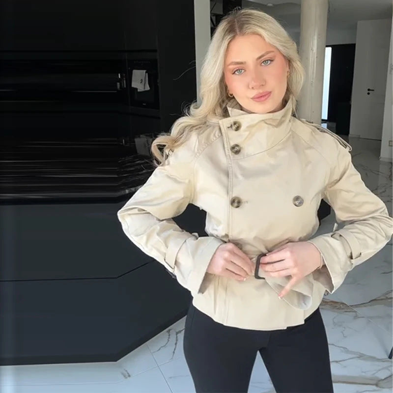 Damen Eleganter Kurz-Trenchcoat mit doppelter Knopfleiste und Taillengürtel R&B