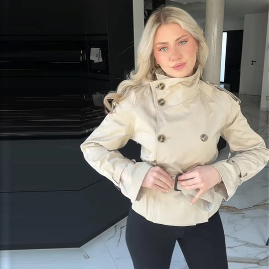 Damen Eleganter Kurz-Trenchcoat mit doppelter Knopfleiste und Taillengürtel R&B
