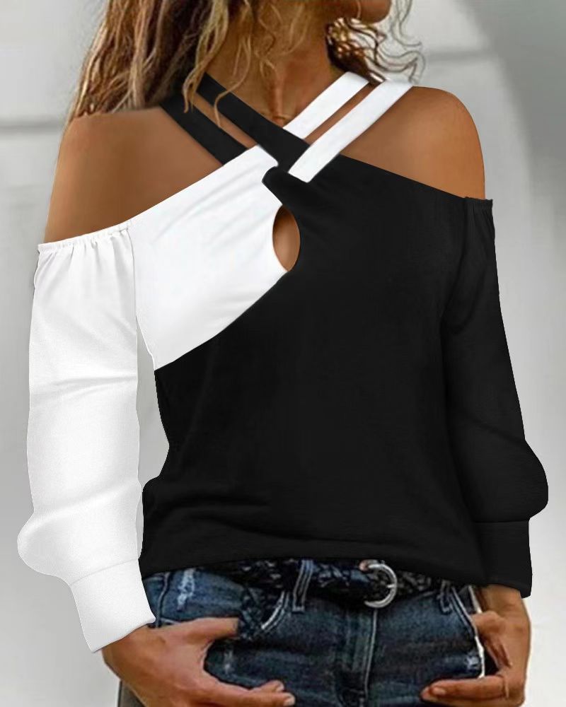 Damen asymmetrisches Oberteil mit freiem Schulterdesign und verbindenden Trägern R&B