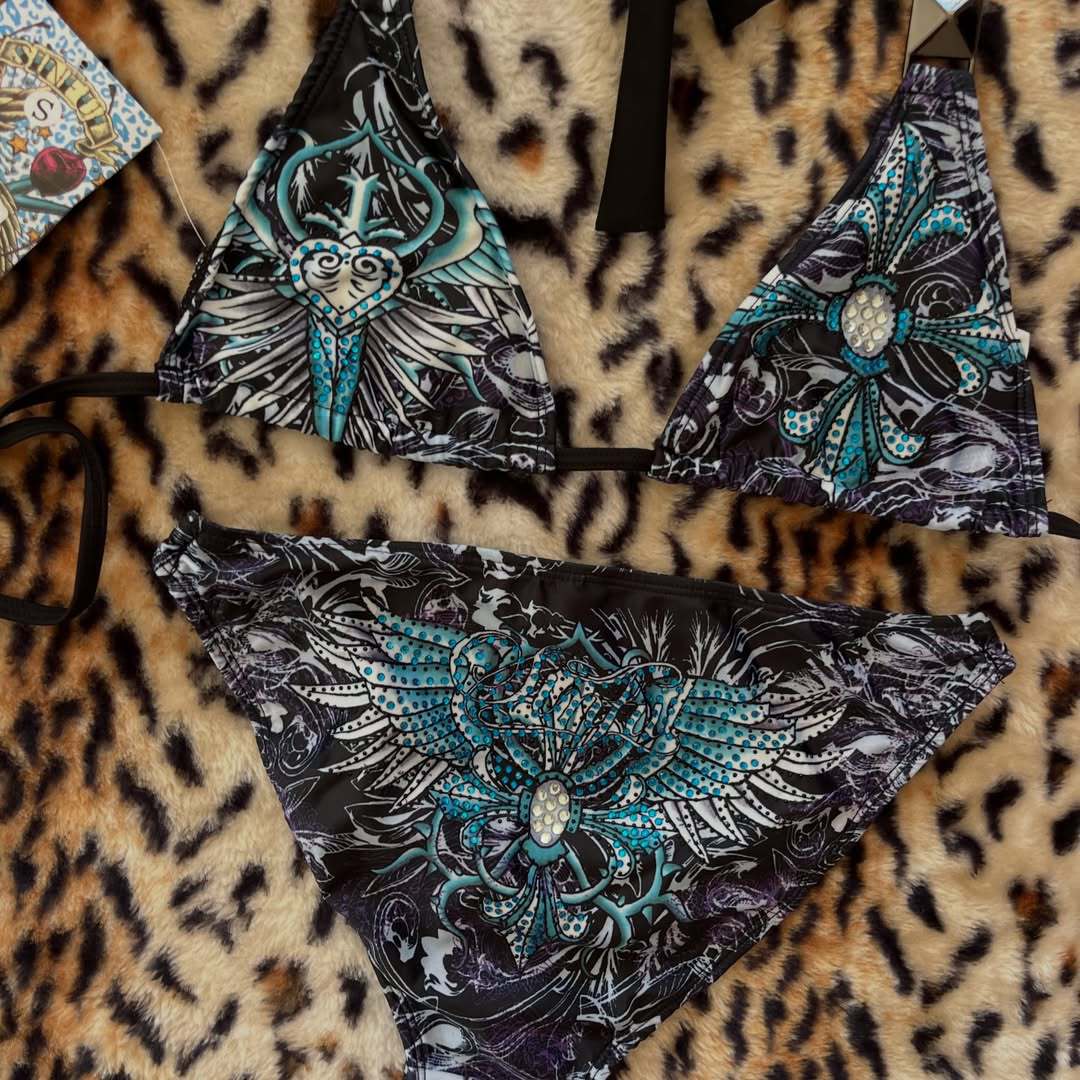 Damen Triangel-Bikini mit floralem Muster und Strass-Applikationen R&B