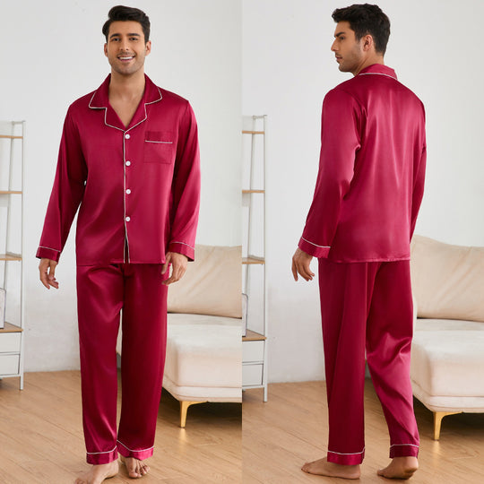 Herren Satin Schlafanzug-Set mit klassischem Kragen und eleganten Kontrastnähten R&B