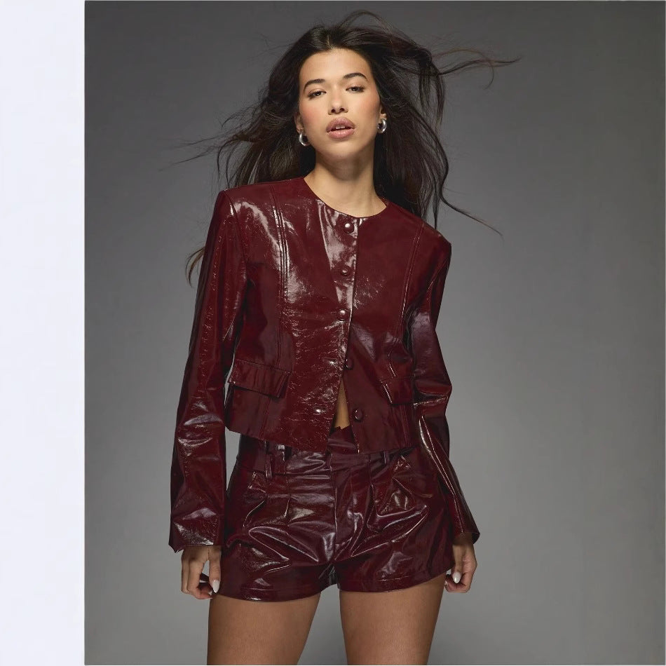 Damen Kunstlederjacke mit glänzendem Finish und eleganten Blenden R&B