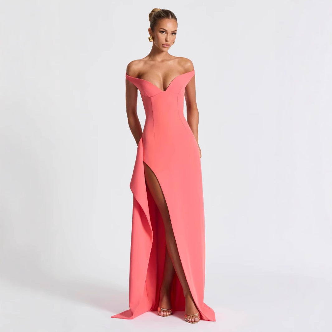 Damen Elegantes Maxikleid mit schulterfreiem Design und hohem Schlitz R&B