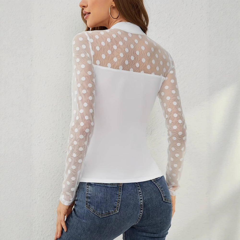 Damen Langärmliger Body mit transparenten Punkten und V-Ausschnitt R&B